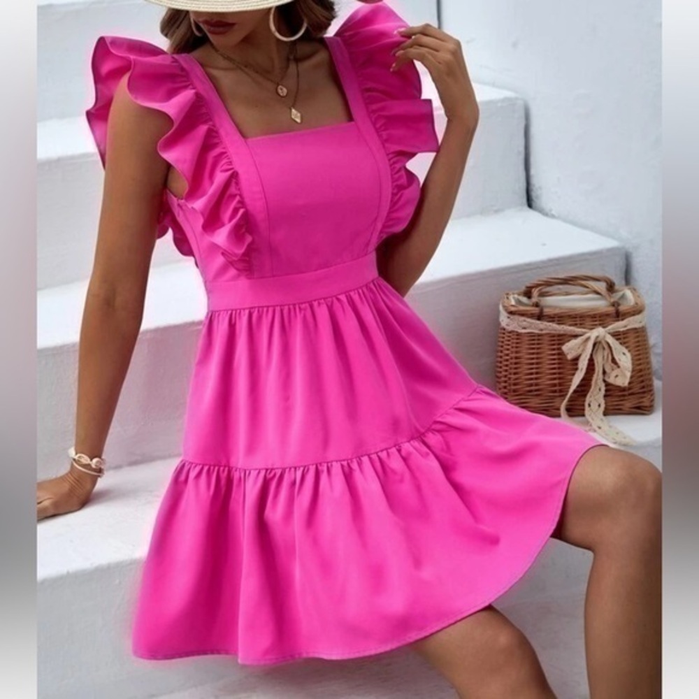 SHEIN VCAY Square Neck Ruffle Trim Ruffle Hem Dress Pink Barbie